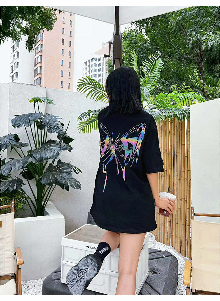 BJHG 3M Reflective Butterfly Tee - Y2K Summer Grunge, 90s Retro, Pastel Goth, Y2K Club