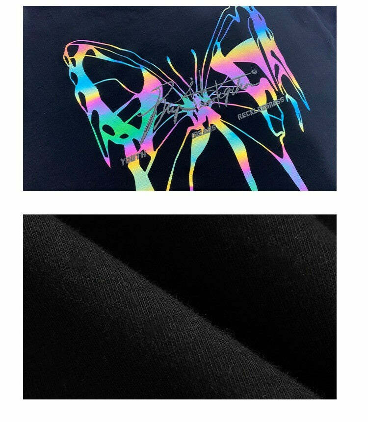 BJHG 3M Reflective Butterfly Tee - Y2K Summer Grunge, 90s Retro, Pastel Goth, Y2K Club