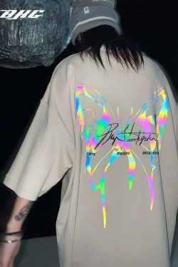 BJHG 3M Reflective Butterfly Tee - Y2K Summer Grunge, 90s Retro, Pastel Goth, Y2K Club