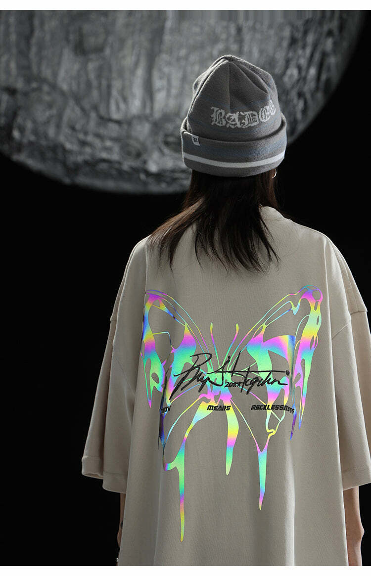 BJHG 3M Reflective Butterfly Tee - Y2K Summer Grunge, 90s Retro, Pastel Goth, Y2K Club