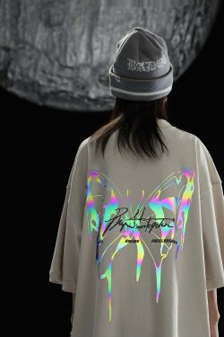 BJHG 3M Reflective Butterfly Tee - Y2K Summer Grunge, 90s Retro, Pastel Goth, Y2K Club