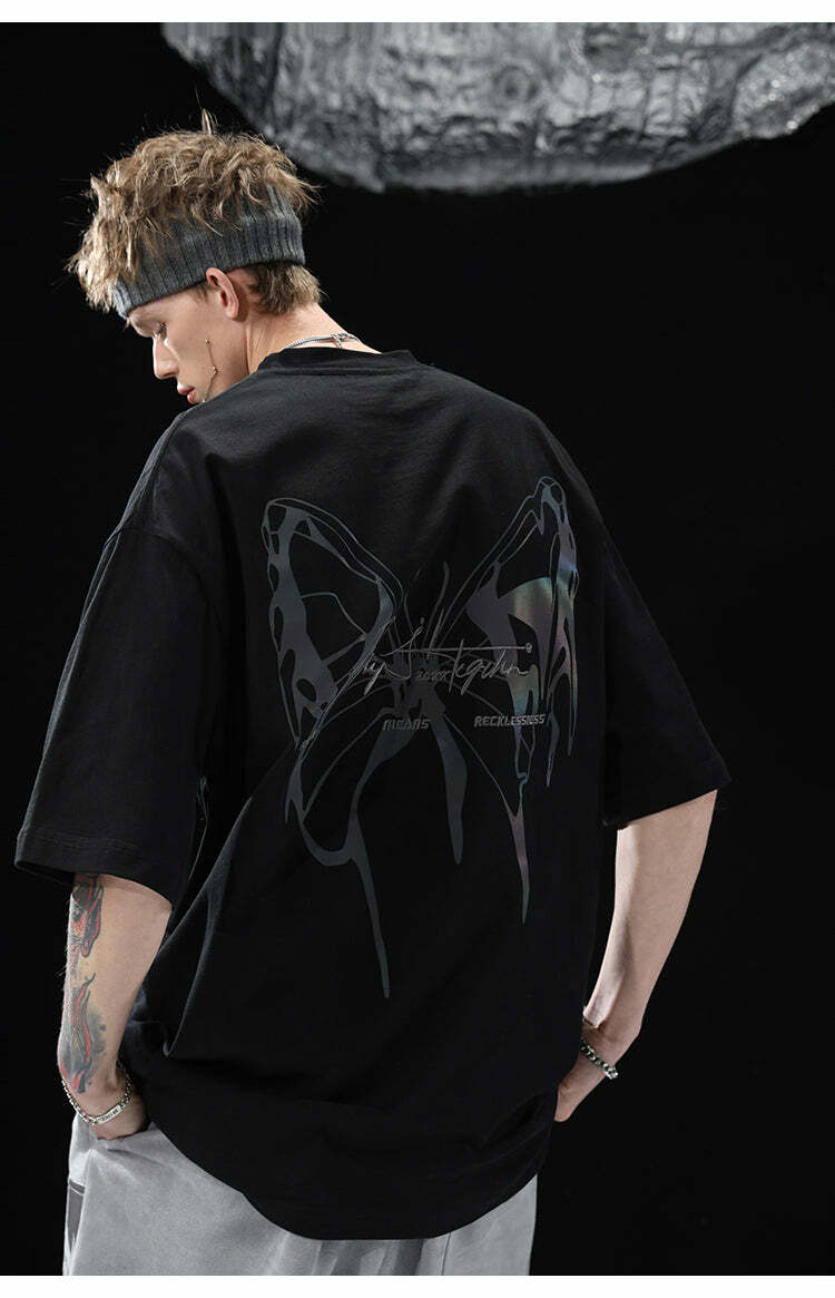 BJHG 3M Reflective Butterfly Tee - Y2K Summer Grunge, 90s Retro, Pastel Goth, Y2K Club