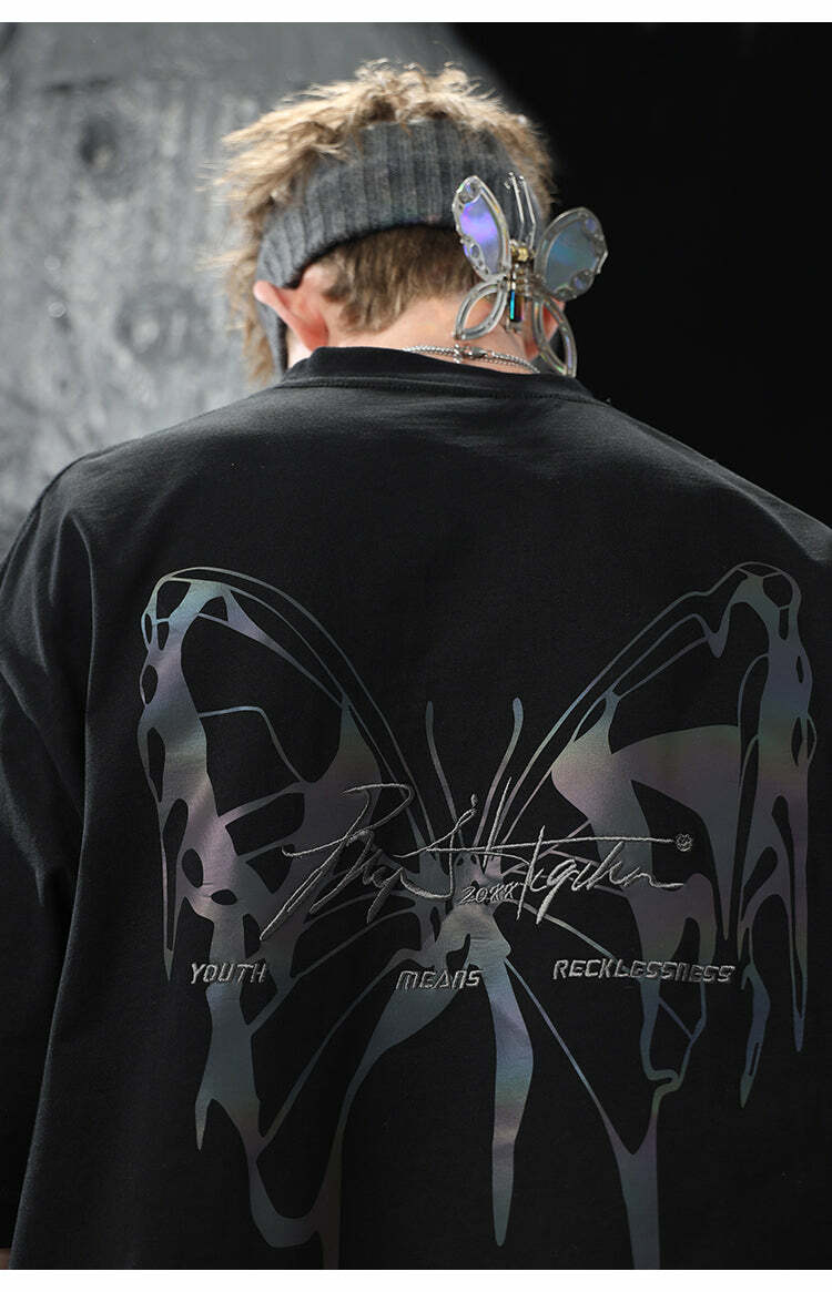 BJHG 3M Reflective Butterfly Tee - Y2K Summer Grunge, 90s Retro, Pastel Goth, Y2K Club
