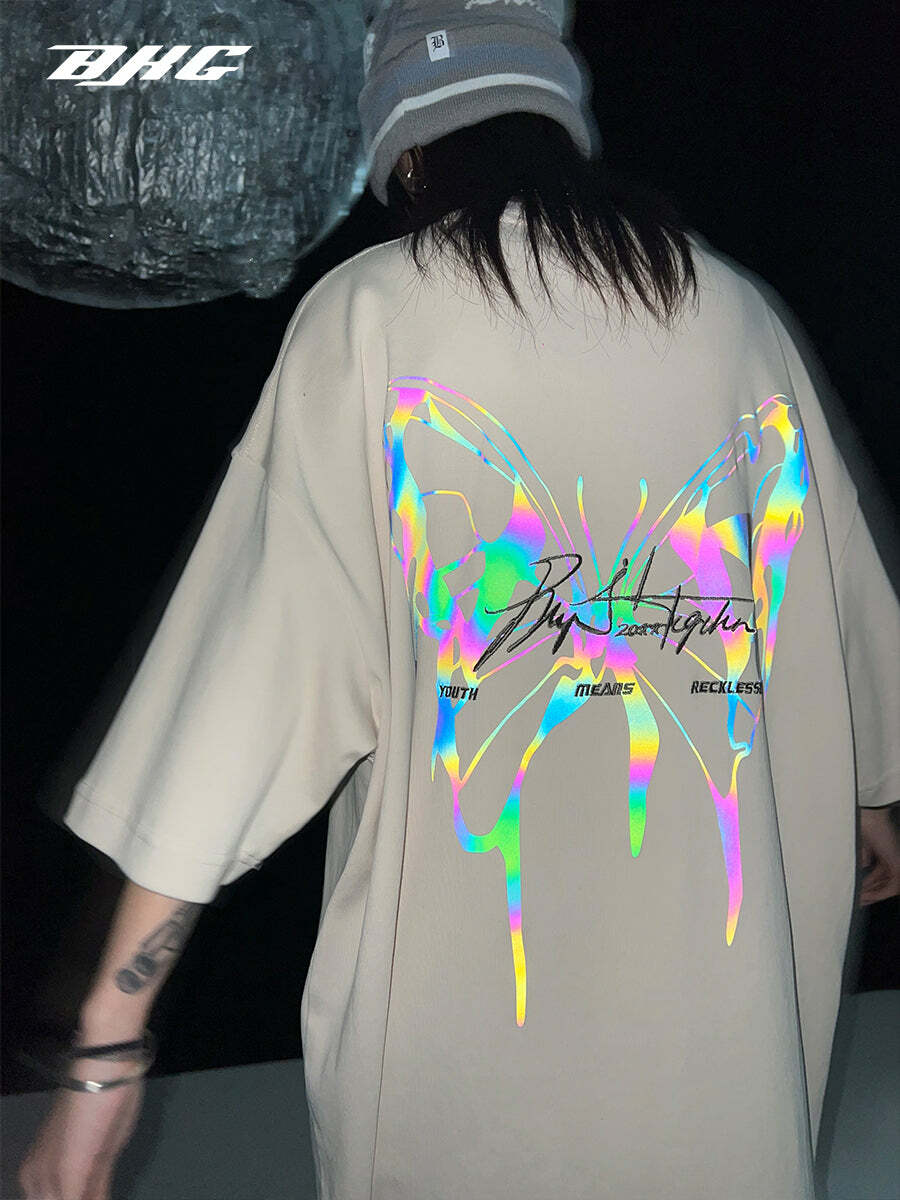 BJHG 3M Reflective Butterfly Tee - Y2K Summer Grunge, 90s Retro, Pastel Goth, Y2K Club