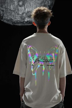 BJHG 3M Reflective Butterfly Tee - Y2K Summer Grunge, 90s Retro, Pastel Goth, Y2K Club