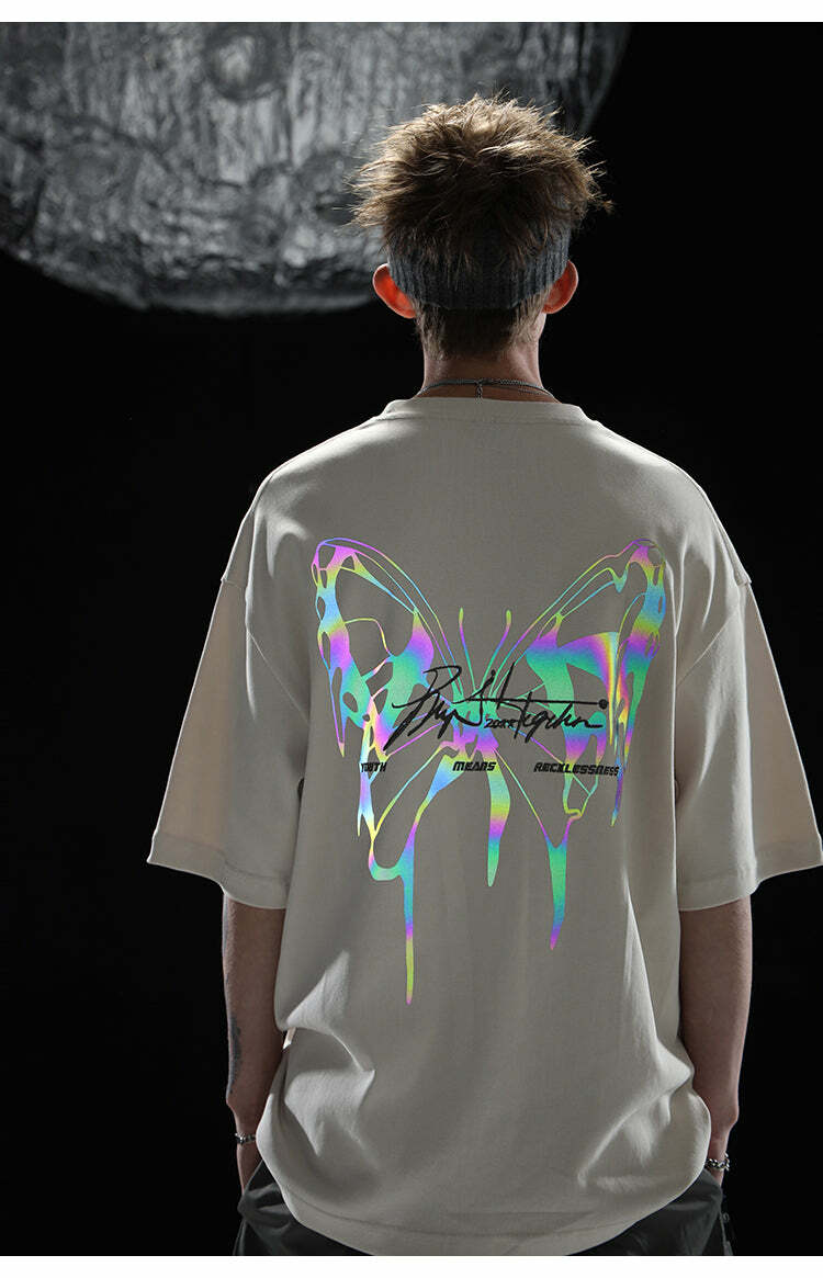 BJHG 3M Reflective Butterfly Tee - Y2K Summer Grunge, 90s Retro, Pastel Goth, Y2K Club