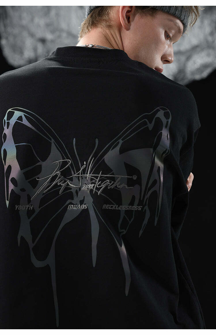 BJHG 3M Reflective Butterfly Tee - Y2K Summer Grunge, 90s Retro, Pastel Goth, Y2K Club
