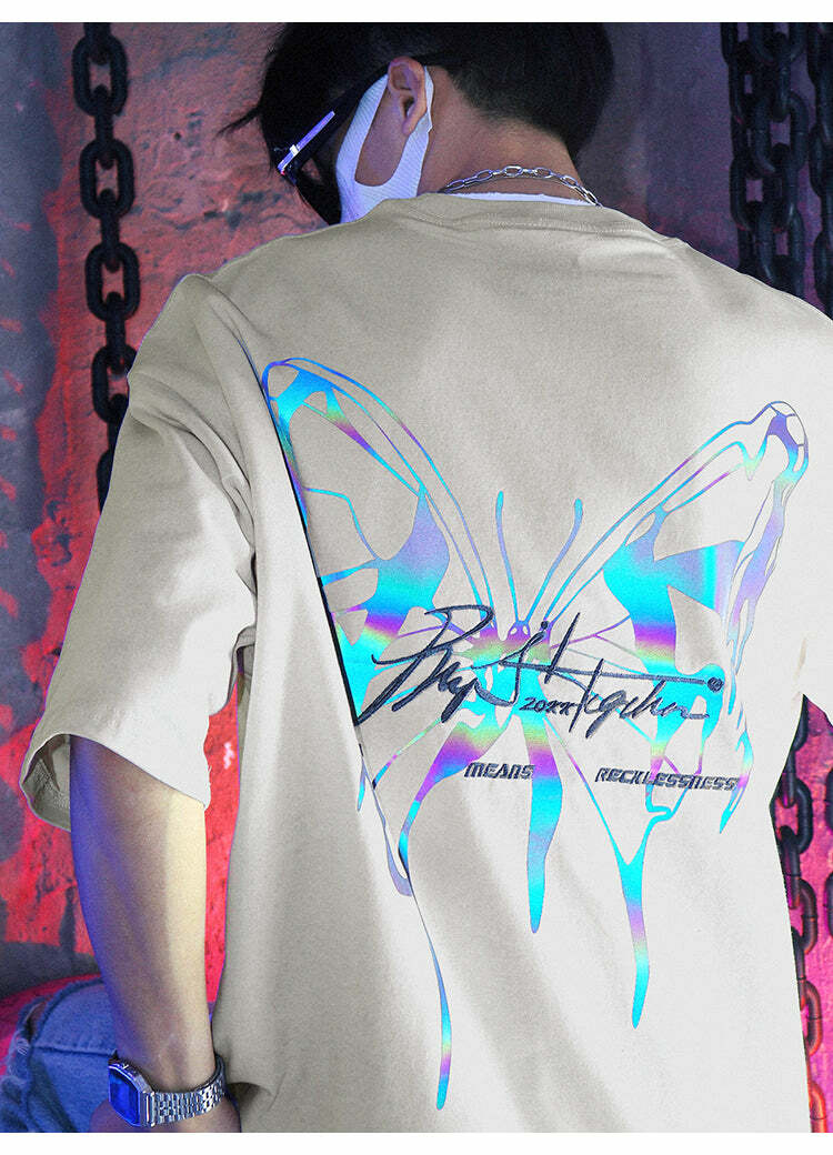 BJHG 3M Reflective Butterfly Tee - Y2K Summer Grunge, 90s Retro, Pastel Goth, Y2K Club
