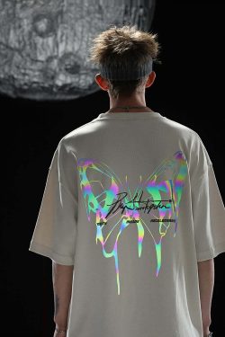BJHG 3M Reflective Butterfly Tee - Y2K Summer Grunge, 90s Retro, Pastel Goth, Y2K Club