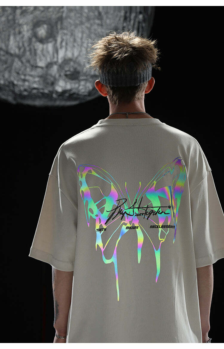 BJHG 3M Reflective Butterfly Tee - Y2K Summer Grunge, 90s Retro, Pastel Goth, Y2K Club