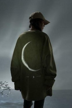 BJHG 3M Reflective Crescent Moon Sweatshirt - Y2K Grunge, 90s Fashion, Retro Summer Outfit