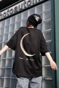 BJHG 3M Reflective Crescent Moon Tee - Y2K Summer Grunge, 90s Retro, Gothic Y2K Fashion