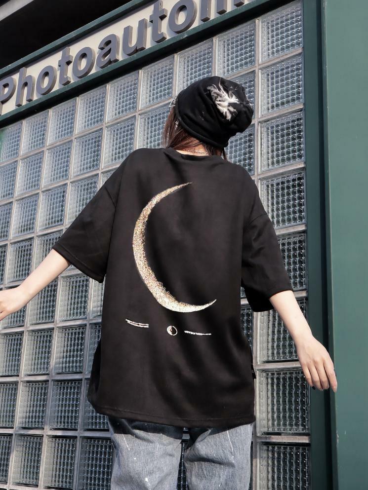 BJHG 3M Reflective Crescent Moon Tee - Y2K Summer Grunge, 90s Retro, Gothic Y2K Fashion