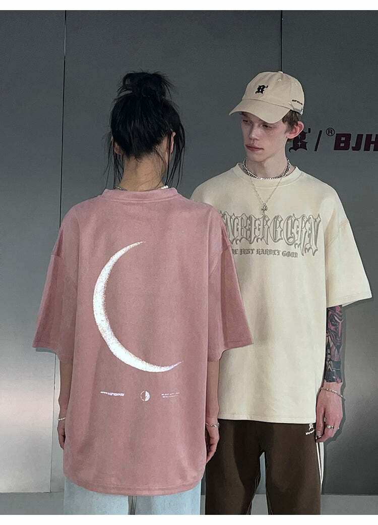 BJHG 3M Reflective Crescent Moon Tee - Y2K Summer Grunge, 90s Retro, Gothic Y2K Fashion