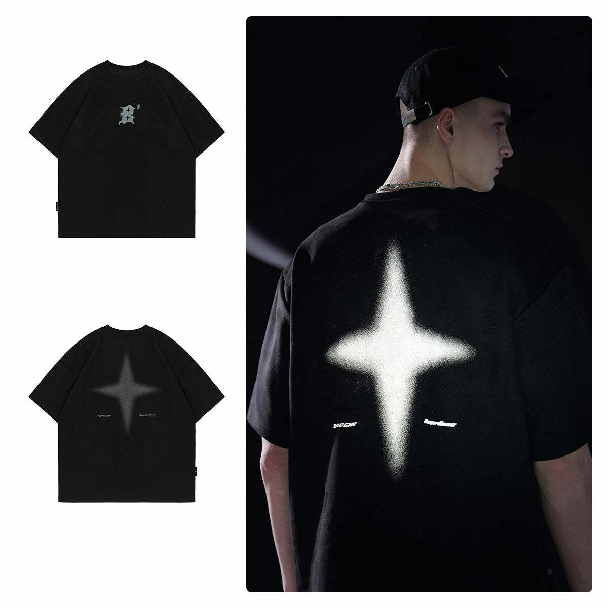 BJHG 3M Reflective Star Spike Tee - Y2K Grunge, 90s Fashion, Retro Style, Y2K Party Out
