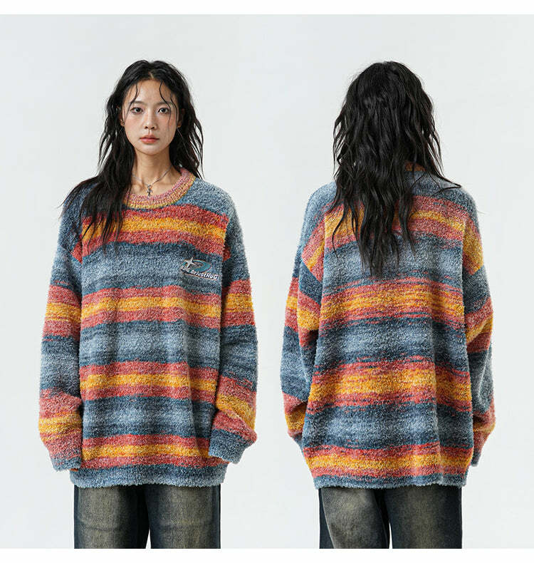 BJHG Contrast Painted Stripe Sweater - Y2K Grunge, 90s Fashion, Retro Style, Pastel Goth Outfits