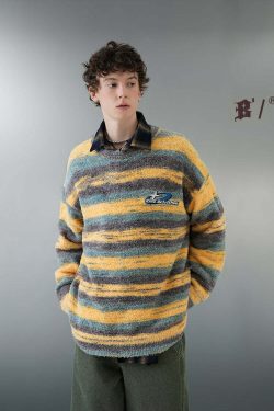 BJHG Contrast Painted Stripe Sweater - Y2K Grunge, 90s Fashion, Retro Style, Pastel Goth Outfits