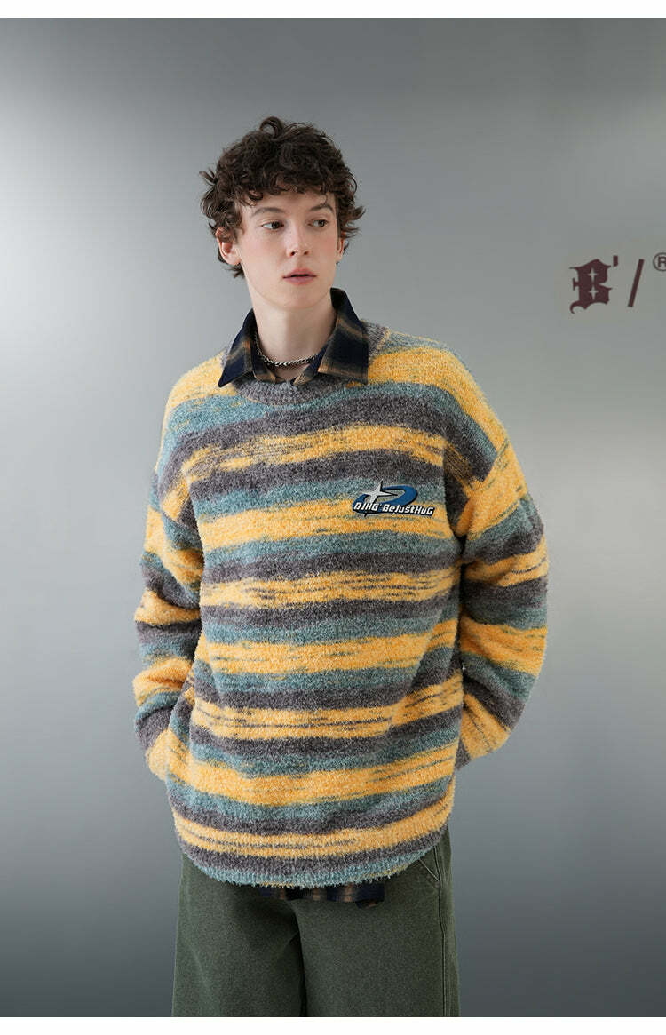 BJHG Contrast Painted Stripe Sweater - Y2K Grunge, 90s Fashion, Retro Style, Pastel Goth Outfits