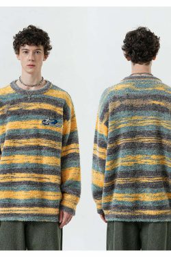 BJHG Contrast Painted Stripe Sweater - Y2K Grunge, 90s Fashion, Retro Style, Pastel Goth Outfits