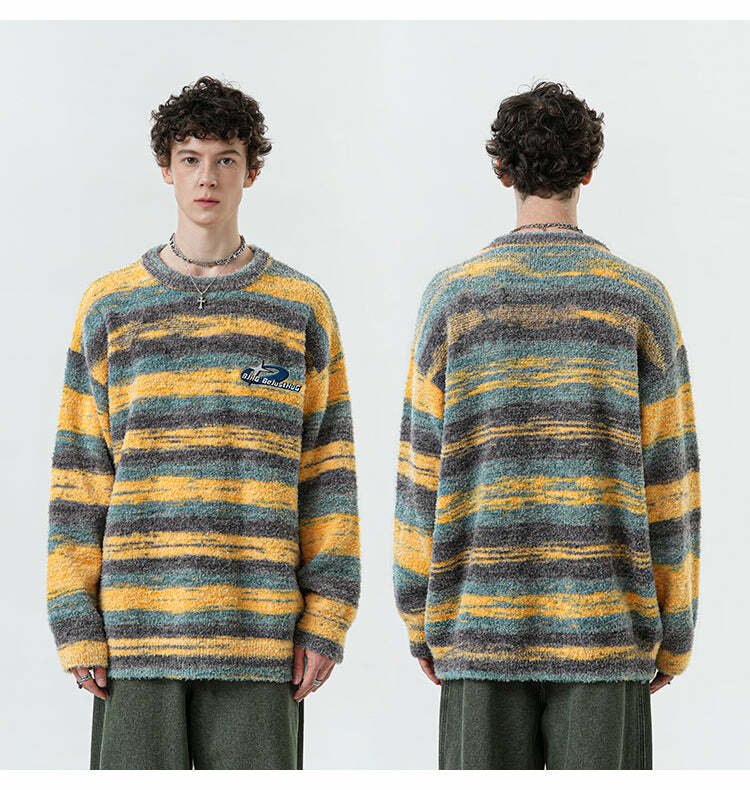 BJHG Contrast Painted Stripe Sweater - Y2K Grunge, 90s Fashion, Retro Style, Pastel Goth Outfits