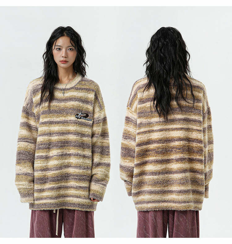 BJHG Contrast Painted Stripe Sweater - Y2K Grunge, 90s Fashion, Retro Style, Pastel Goth Outfits