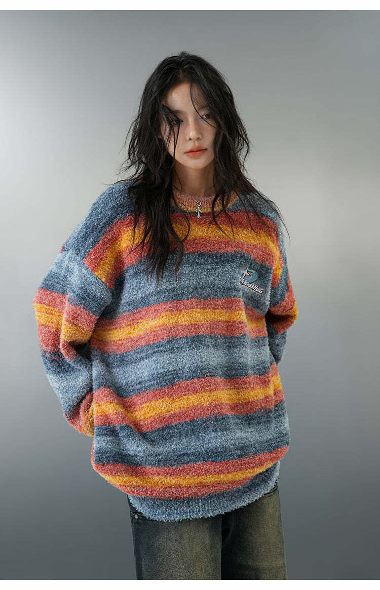 BJHG Contrast Painted Stripe Sweater - Y2K Grunge, 90s Fashion, Retro Style, Pastel Goth Outfits