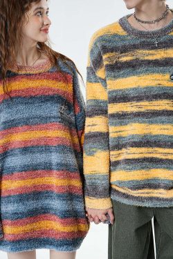 BJHG Contrast Painted Stripe Sweater - Y2K Grunge, 90s Fashion, Retro Style, Pastel Goth Outfits