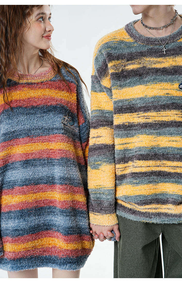 BJHG Contrast Painted Stripe Sweater - Y2K Grunge, 90s Fashion, Retro Style, Pastel Goth Outfits