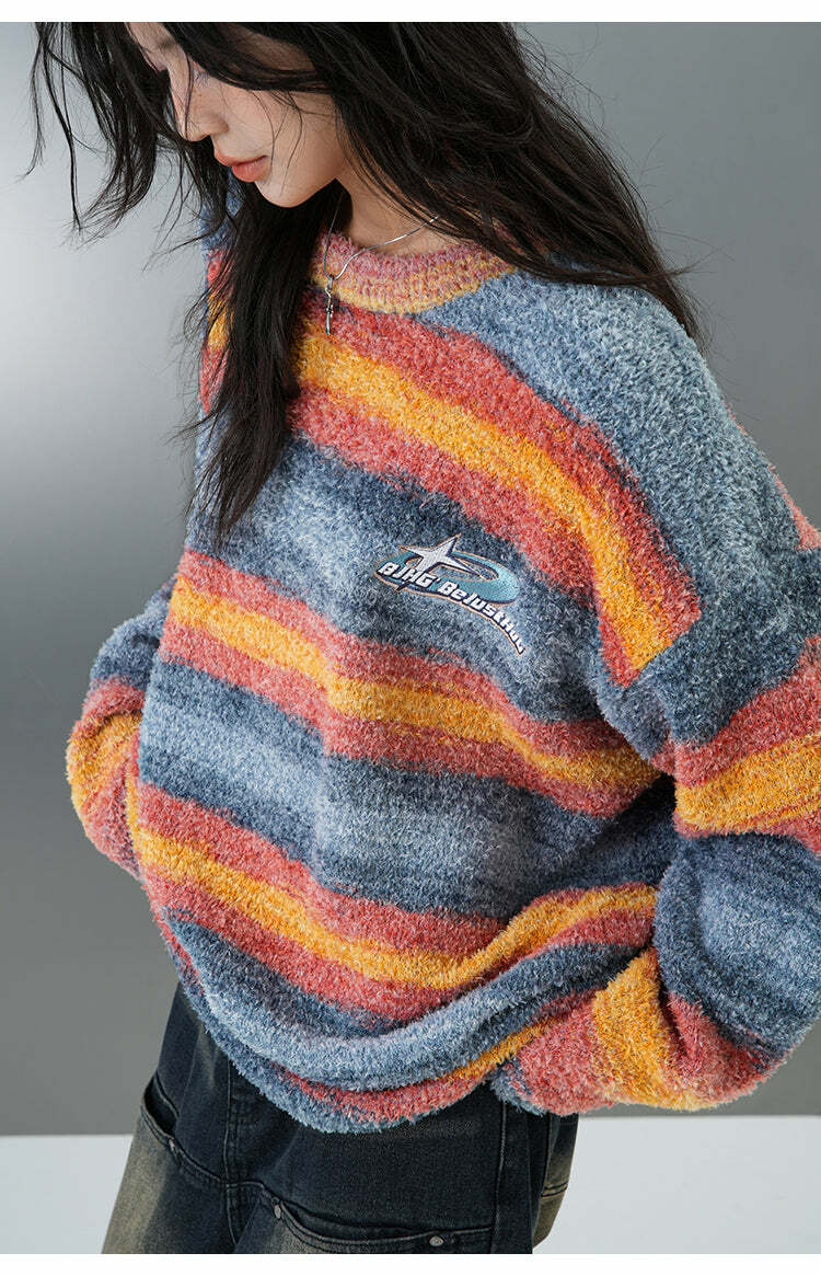 BJHG Contrast Painted Stripe Sweater - Y2K Grunge, 90s Fashion, Retro Style, Pastel Goth Outfits