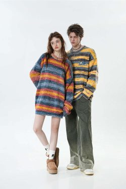 BJHG Contrast Painted Stripe Sweater - Y2K Grunge, 90s Fashion, Retro Style, Pastel Goth Outfits