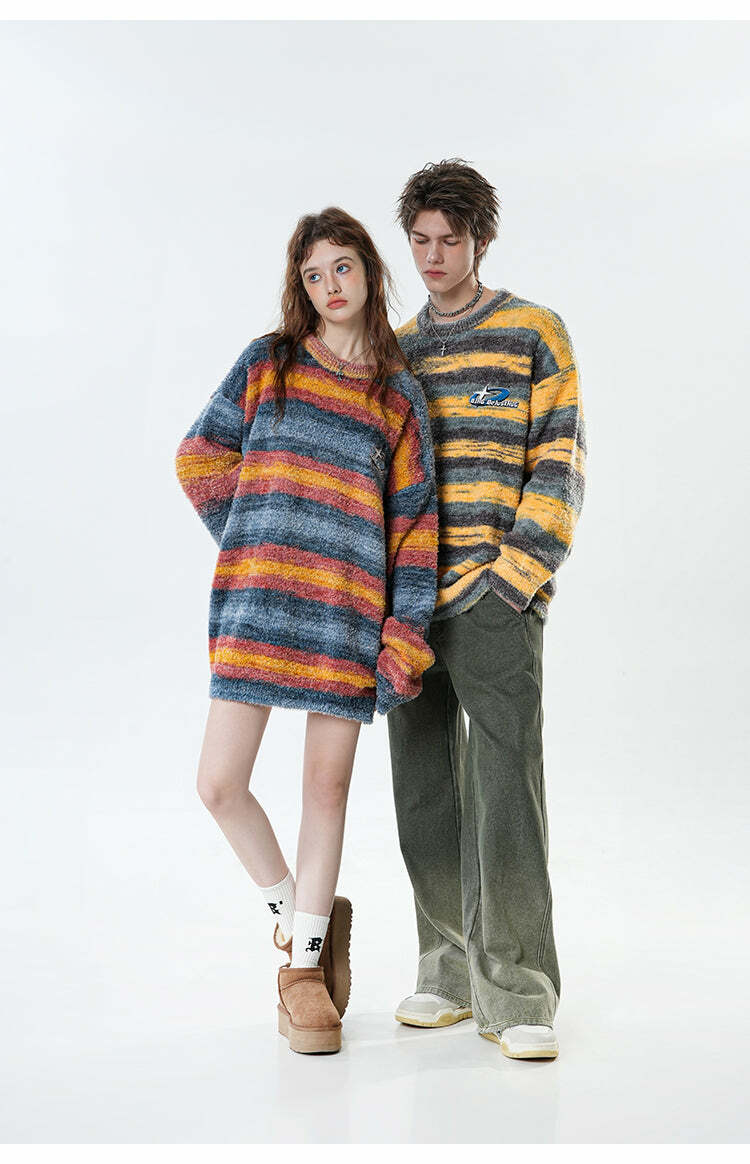 BJHG Contrast Painted Stripe Sweater - Y2K Grunge, 90s Fashion, Retro Style, Pastel Goth Outfits