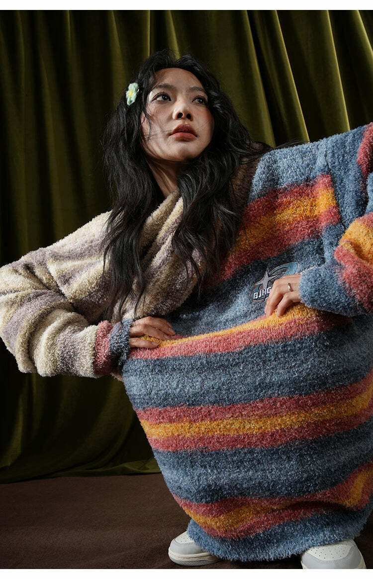 BJHG Contrast Painted Stripe Sweater - Y2K Grunge, 90s Fashion, Retro Style, Pastel Goth Outfits