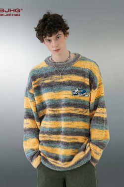 BJHG Contrast Painted Stripe Sweater - Y2K Grunge, 90s Fashion, Retro Style, Pastel Goth Outfits