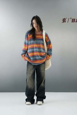 BJHG Contrast Painted Stripe Sweater - Y2K Grunge, 90s Fashion, Retro Style, Pastel Goth Outfits