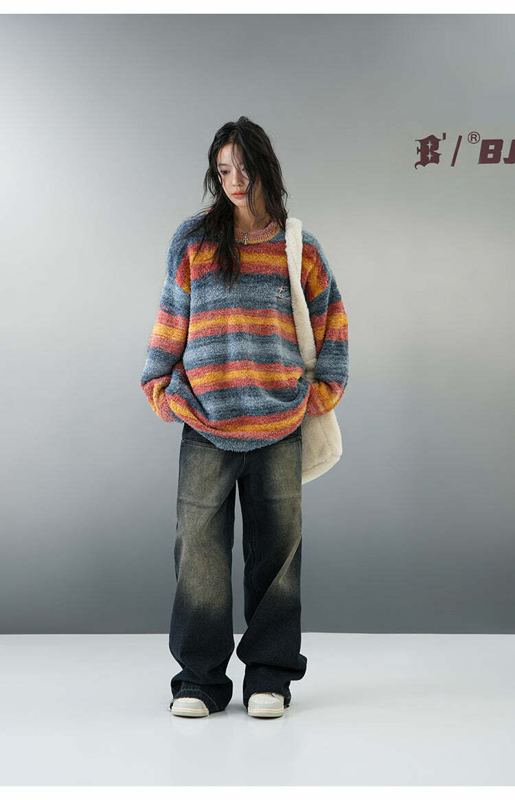 BJHG Contrast Painted Stripe Sweater - Y2K Grunge, 90s Fashion, Retro Style, Pastel Goth Outfits