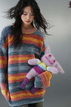 BJHG Contrast Painted Stripe Sweater - Y2K Grunge, 90s Fashion, Retro Style, Pastel Goth Outfits
