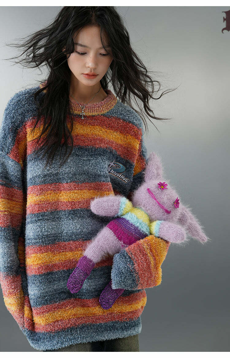 BJHG Contrast Painted Stripe Sweater - Y2K Grunge, 90s Fashion, Retro Style, Pastel Goth Outfits