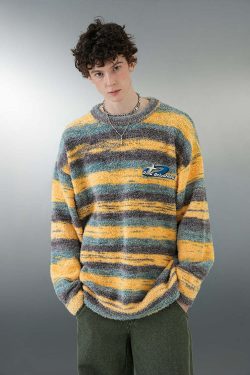 BJHG Contrast Painted Stripe Sweater - Y2K Grunge, 90s Fashion, Retro Style, Pastel Goth Outfits
