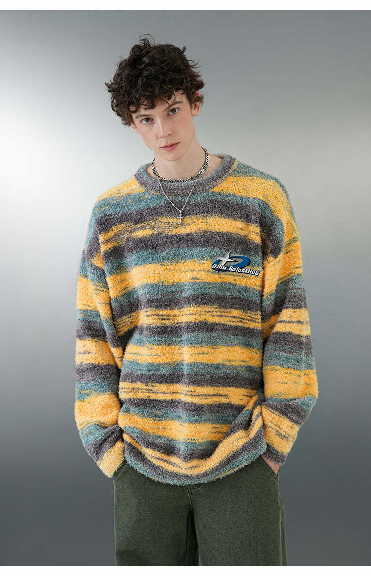 BJHG Contrast Painted Stripe Sweater - Y2K Grunge, 90s Fashion, Retro Style, Pastel Goth Outfits