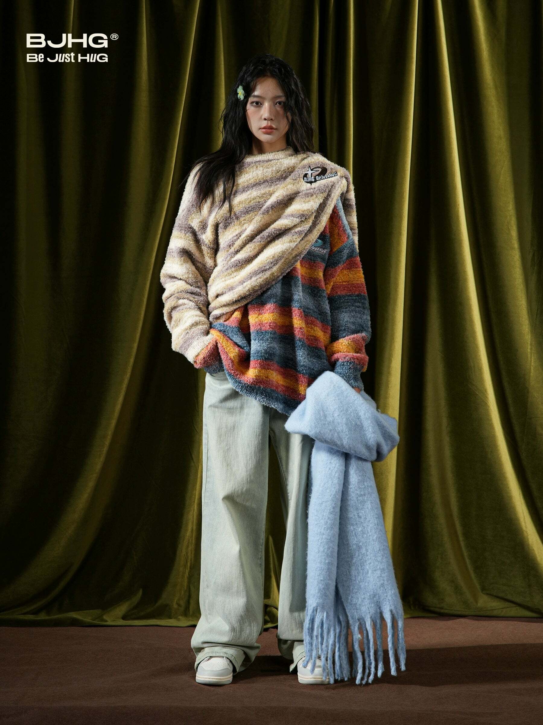 BJHG Contrast Painted Stripe Sweater - Y2K Grunge, 90s Fashion, Retro Style, Pastel Goth Outfits