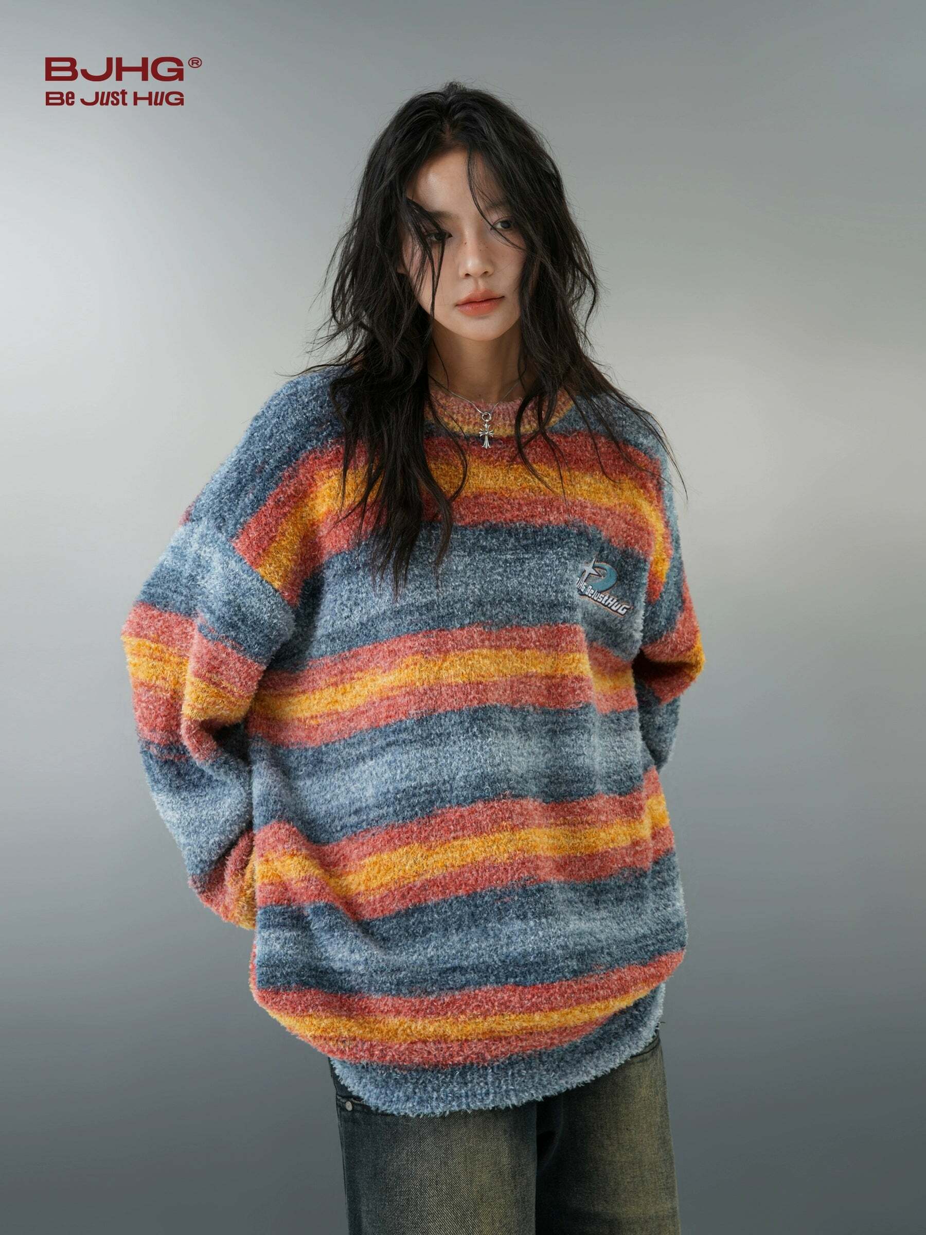 BJHG Contrast Painted Stripe Sweater - Y2K Grunge, 90s Fashion, Retro Style, Pastel Goth Outfits