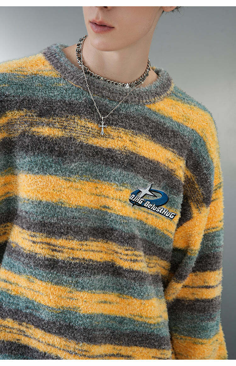 BJHG Contrast Painted Stripe Sweater - Y2K Grunge, 90s Fashion, Retro Style, Pastel Goth Outfits