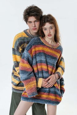 BJHG Contrast Painted Stripe Sweater - Y2K Grunge, 90s Fashion, Retro Style, Pastel Goth Outfits