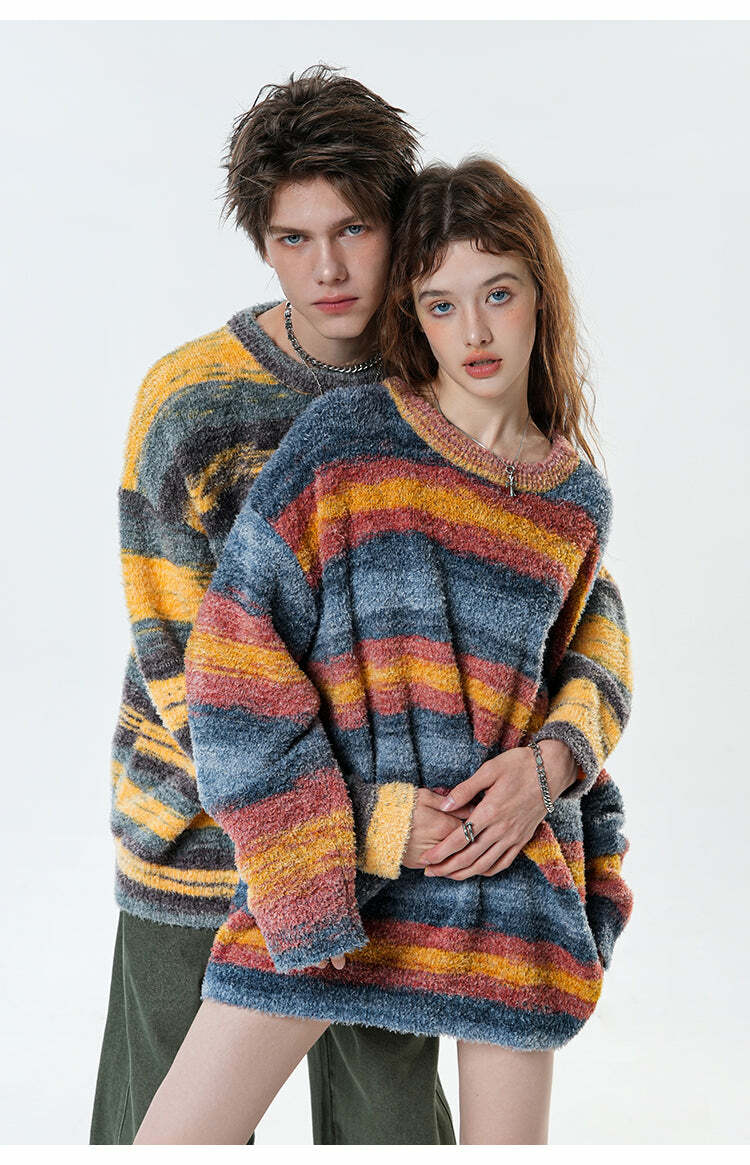 BJHG Contrast Painted Stripe Sweater - Y2K Grunge, 90s Fashion, Retro Style, Pastel Goth Outfits