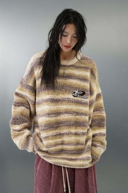 BJHG Contrast Painted Stripe Sweater - Y2K Grunge, 90s Fashion, Retro Style, Pastel Goth Outfits