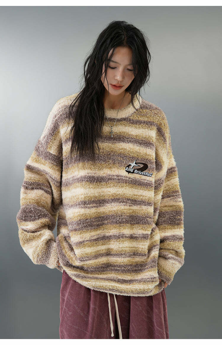 BJHG Contrast Painted Stripe Sweater - Y2K Grunge, 90s Fashion, Retro Style, Pastel Goth Outfits