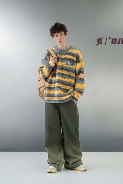 BJHG Contrast Painted Stripe Sweater - Y2K Grunge, 90s Fashion, Retro Style, Pastel Goth Outfits