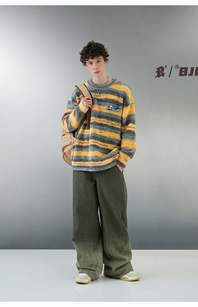 BJHG Contrast Painted Stripe Sweater - Y2K Grunge, 90s Fashion, Retro Style, Pastel Goth Outfits