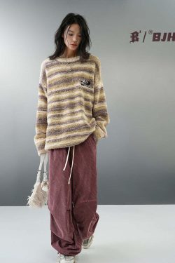 BJHG Contrast Painted Stripe Sweater - Y2K Grunge, 90s Fashion, Retro Style, Pastel Goth Outfits