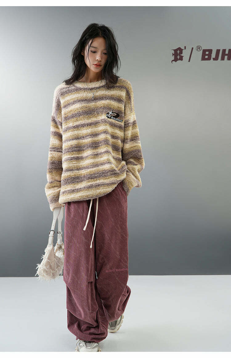 BJHG Contrast Painted Stripe Sweater - Y2K Grunge, 90s Fashion, Retro Style, Pastel Goth Outfits